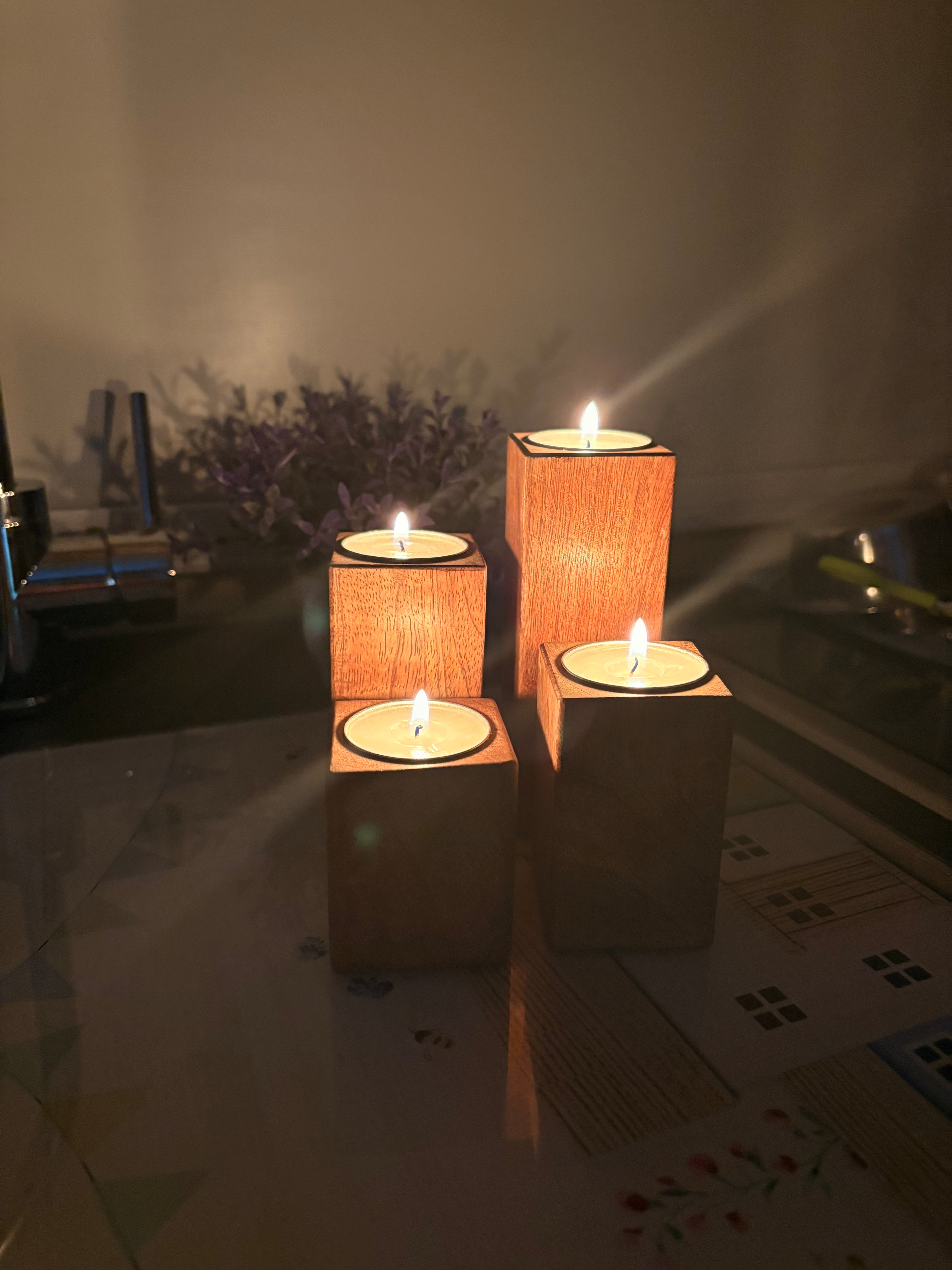Set Of 4 Mango Wood Block Tea-Light Holders 1B9BD093-F362-49C9-B7A0-7CF465B0BEB7