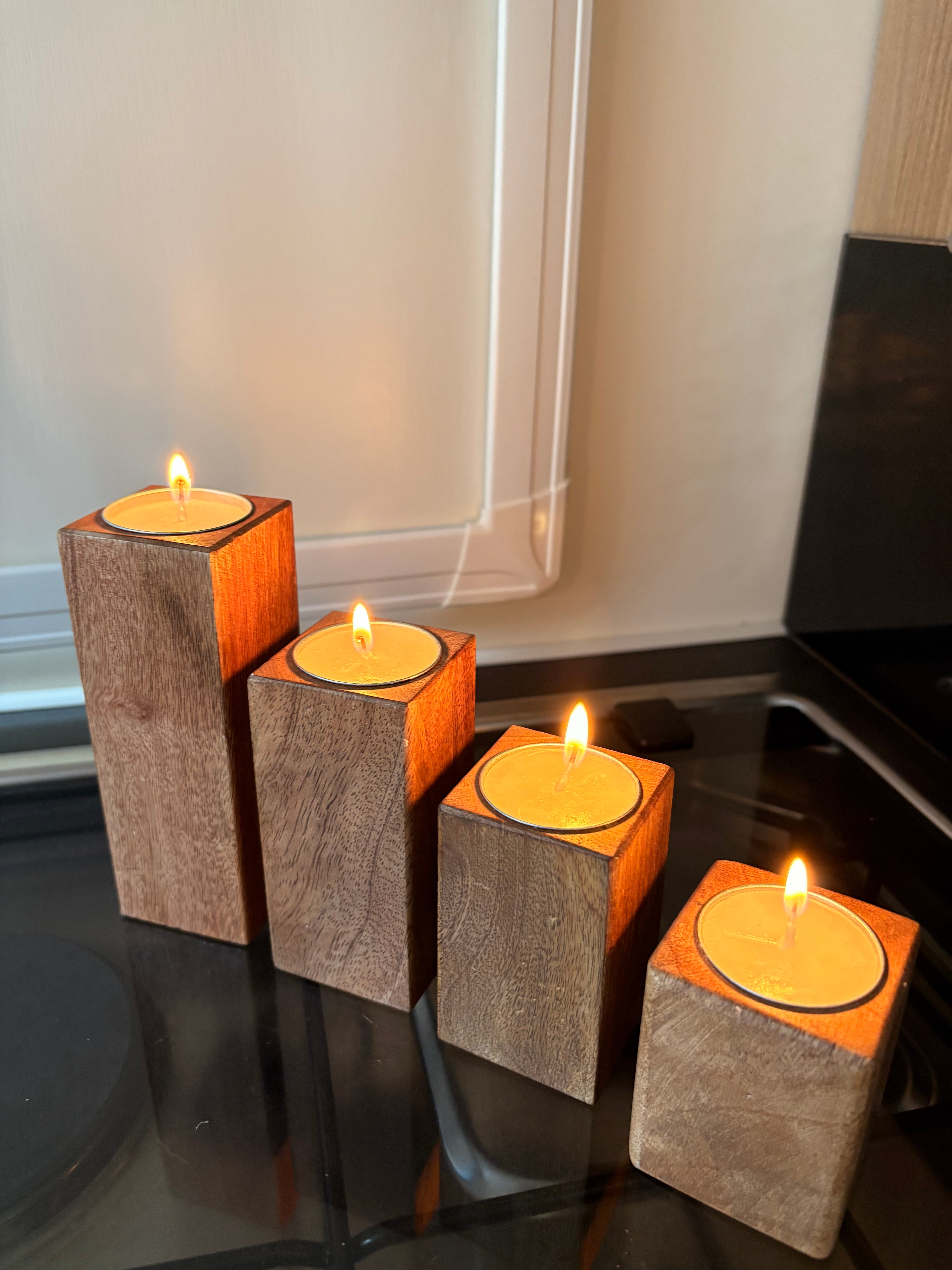 Set Of 4 Mango Wood Block Tea-Light Holders