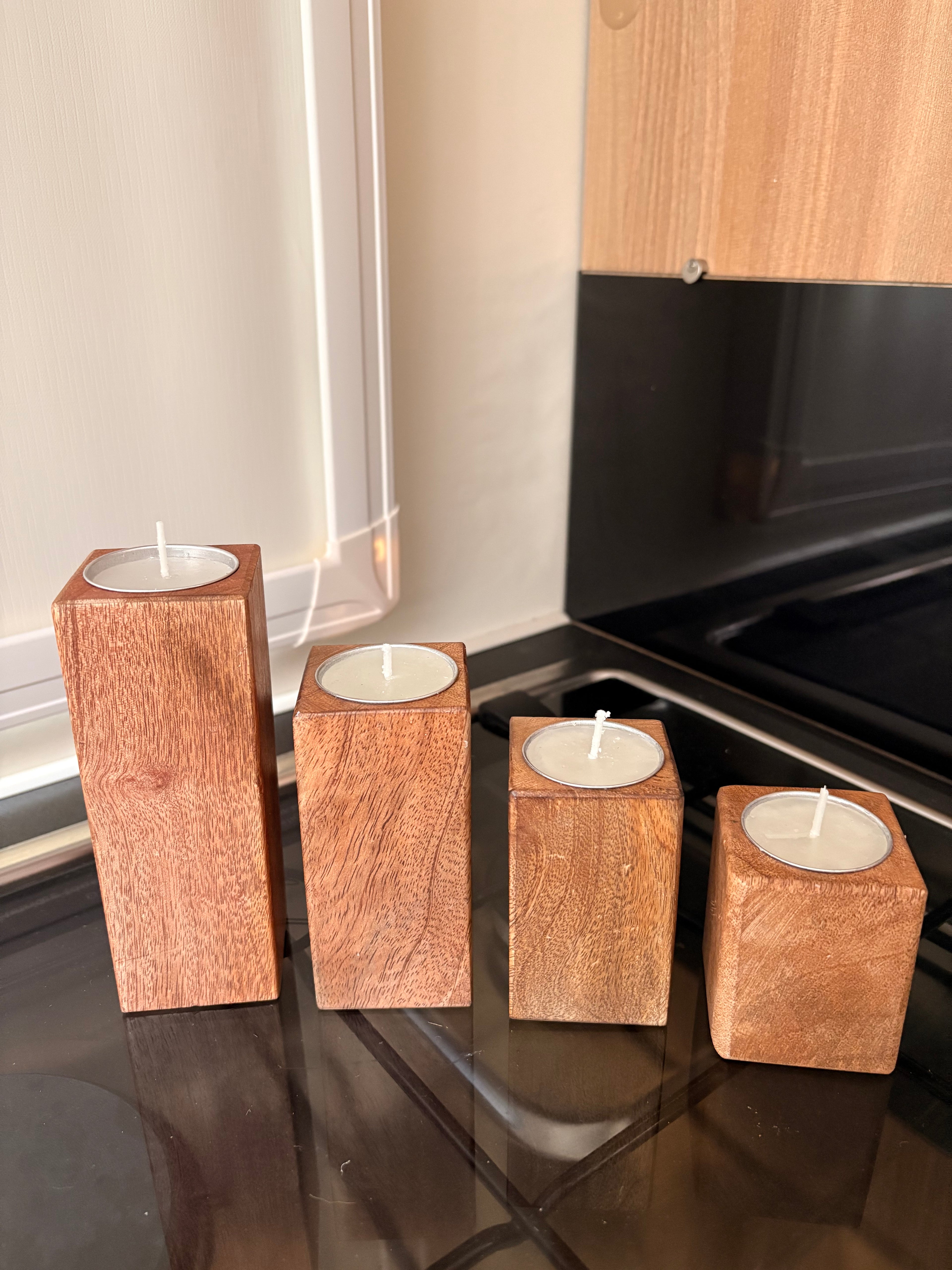 Set Of 4 Mango Wood Block Tea-Light Holders