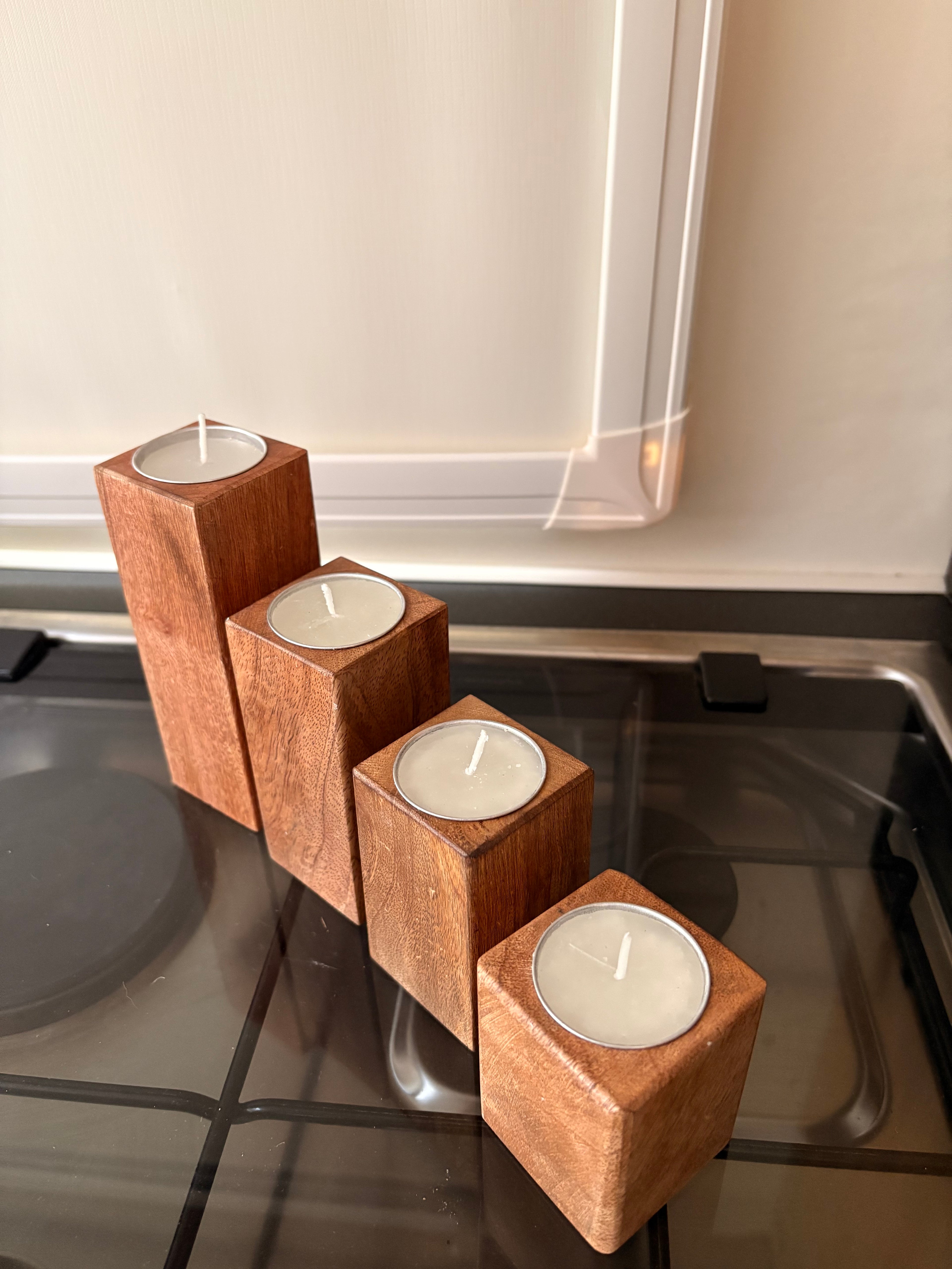 Set Of 4 Mango Wood Block Tea-Light Holders