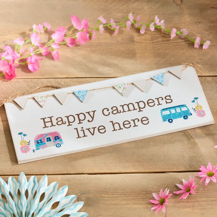 Happy Campers Engraved Wooden Plaque With 3D Bunting D1A92AE3-067D-432A-9680-FFA96B9D882B