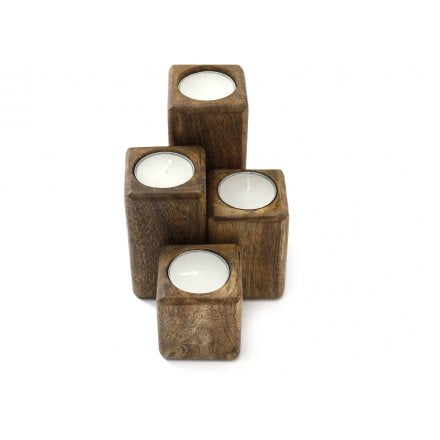 Set Of 4 Mango Wood Block Tea-Light Holders