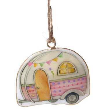 Vintage Caravan Shaped Metal Hanger Pink IMG-9852